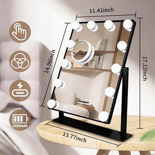 Hollywood Vanity Mirror with Lights, 12 Dimmable LED Bulbs Lighted Makeup Mirror with Detachable 10X Magnification, 1000mAh Rechargeable, 3 Color Lights, Touch Control,Black