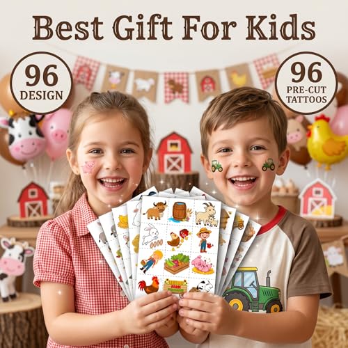 Farm Animal Temporary Tattoos, 96 PCS (8 Sheets) for Kids