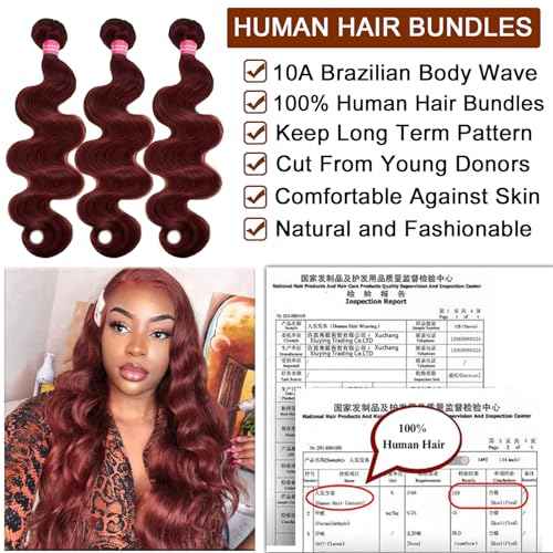 Reddish Brown Bundles With Closure Human Hair 20 22 24+20 Free Part, Copper Red Body Wave Human Hair Bundles With 4X4 Lace Closure 33 Reddish Brown Body Wave Bundle