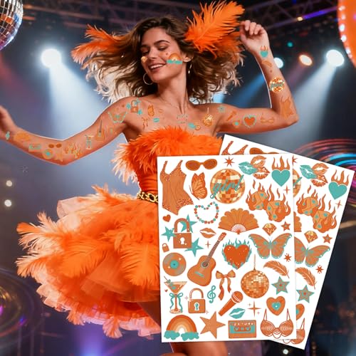 Orange Showgirl Temporary Tattoos - 2 PCS Iridescent Showgirl Body Stickers for Bachelorette, Girls¡¯ Night, Birthday, Showgirl Theme Decorations