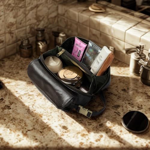 Coyote Bay¢ç Flypouch Premium Full Grain Soft Leather Makeup Bag Small 7.5 Inch, Travel Organizer Pouch, Shaving Kit, Cosmetics Toiletry Bathroom Organizer Kit (Brown, Small)