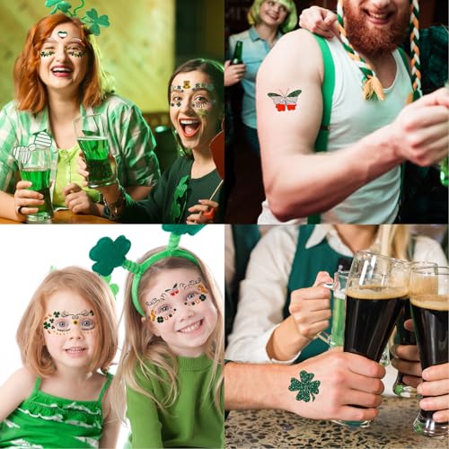 HOWAF 10 Sheets St Patrick's Day Face Tattoo Stickers,Shamrock Clover Facial Makeup Sticker Face Eye Tattoos for St. Patrick's Day Party Accessory, Irish Green Party Glitter Face Art Temporary Tattoos