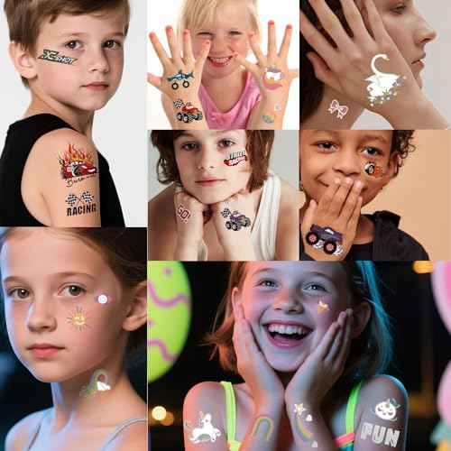 193pcs Unicorn & Truck Wheels 2 in 1 Kit Waterproof Temporary Tattoos Groovy Fake Tattoo for Kids Birthday Party Decoration, Star Smiley Rainbow Racing Car Flag Trophy Tattoo Stickers for Boys Girls