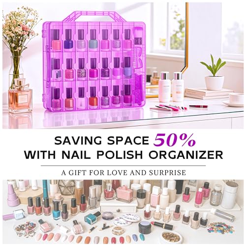 DreamGenius Nail Polish Organizer Case for 48 Bottles with 2 Nail Separators, Double Side Gel Nail Polish Holder with Adjustable Dividers, Purple
