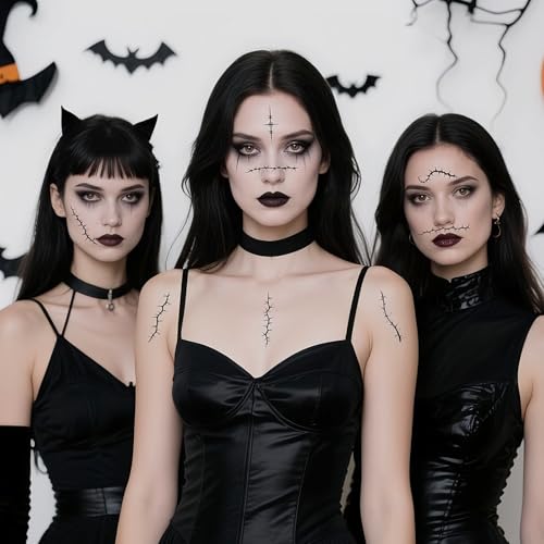 Halloween Stitches Temporary Tattoos - 8 Sheets Black Fake Scars
