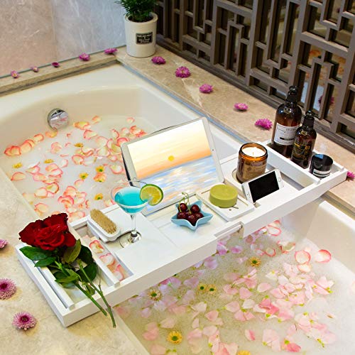 Bamboo Bathtub Caddy Tray with Wine & Book Holder