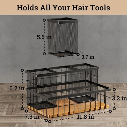 Hair Tool Organizer Countertop, Metal & Bamboo, Heat-Resistant