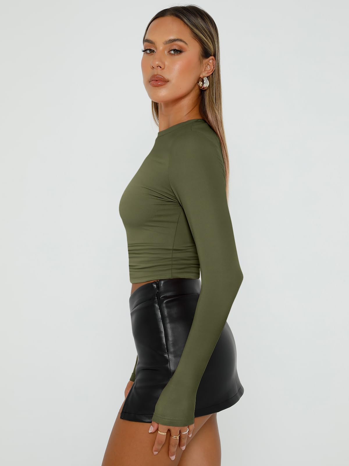 Trendy Queen Womens Long Sleeve Shirts Basic Spring Crop Tops Tees Tight Slim Fit Cute Going Out Outfits Teen Girls Fall Winter Y2k Clothes 2024 Army Green XS