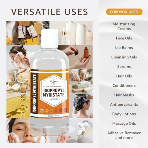 ISOPROPYL MYRISTATE (8 oz) Natural Plant Derived Cosmetic Grade IPM for Soap Making, Fragrances, Shampoo, Creams & Lotion, Makeup & Adhesive Remover, Antiperspirants & Deodorants | 8 Ounces