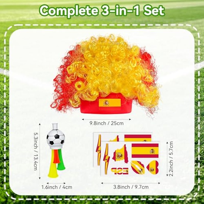 2026 Spain Soccer Fan Gear Set with Wig, Tattoos & Horn