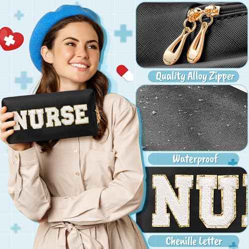 CY2SIDE NURSE Letter Makeup Bag - White Chenille Letter Patch Cosmetic Bag Black PU Leather Patch Travel Pouch Waterproof Portable Zipper Travel Organizer Case Christmas Gifts for Nurse Women