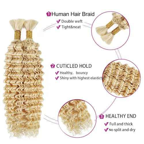 #613 Blonde Human Braiding Hair Deep Wave Bulk 18 18 18 Inch Human Hair Weave 3 Bundle Unprocessed Brazilian Virgin Hair Honey Blonde Deep Curly Braiding Hair Extensions 50 Grams/Bundle