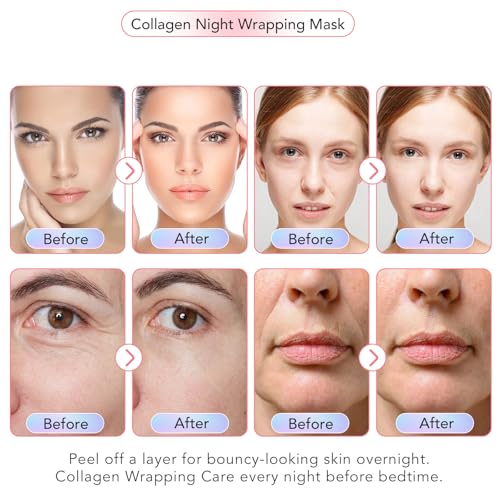 Collagen Night Wrapping Mask with Brush 2.53 fl.oz, Collagen Overnight Wrapping Peel Off Facial Mask Pack, Reduces Sagging & Dullness - Hydrolyzed Collagen For Glowing Skin, For Glass Skin