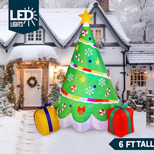 Joiedomi 6 FT Tall Christmas Tree Inflatable, Rainbow Ribbon Christmas Tree Inflatable with Build-in LEDs Blow Up Inflatables for Christmas Party Outdoor, Yard, Garden, Lawn Winter Decorations