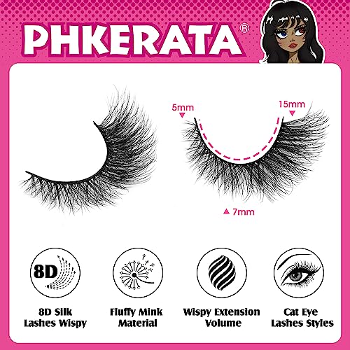 Lashes Natural Look Cat Eye False Eyelashes Wispy Fox Eye Lashes Wispy 15mm 6D Volume Strip Fake Eyelash Extension Look by PHKERATA, 7 Pairs Pack