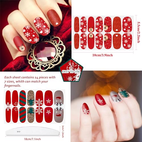 JERCLITY 224 Pieces 16 Sheets Christmas Nail Wraps Self-Adhesive Christmas Nail Polish Strips Santa Claus Snowflake Snowman Nail Strips Nail Stickers Full Nail Wraps for Women Nail Art