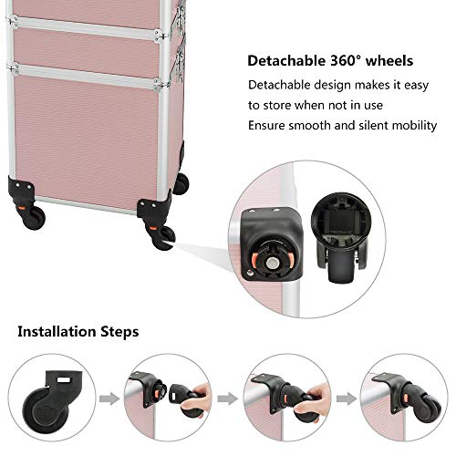 Mefeir 4-in-1 Rolling Makeup Train Case with Wheels, Pink