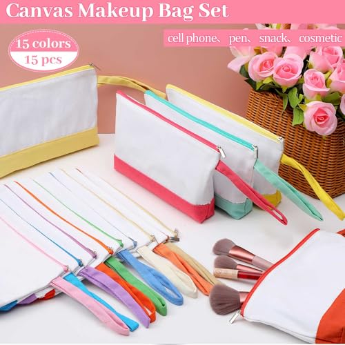 Silkfly 15 Pcs Cotton Canvas Makeup Bags Canvas Cosmetic Zipper 10.2 x 5.5 x 2 Inches Blank DIY Pouch Bag Bulk with Bottom Pencil Case Travel Toiletry Pouch for Women (Fashion Color)