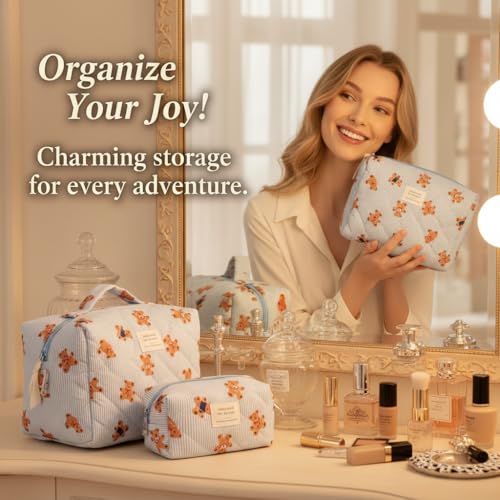 Women Adorable Quilted Fabric Cosmetic Bag Set, 3-Piece Cartoon Bear Makeup Organizer with Zipper, Easy Travel Home Storage (White)