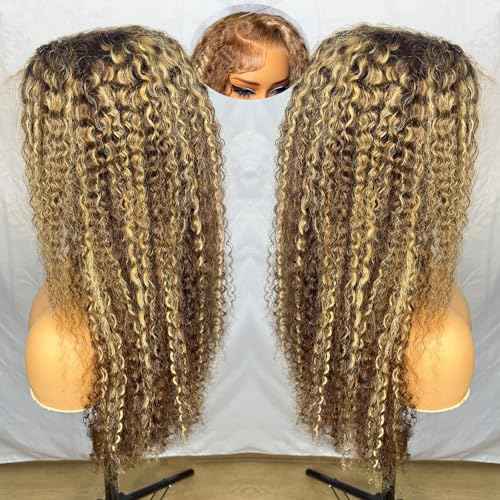 30 Inch Honey Blonde Curly Wig Human Hair Jerry Curly 200 Density 13x6 HD Lace Front Wigs Human Hair Pre Plucked Highlight Ombre HD Lace Frontal Wig 4/27 Curly Wigs For Black Women Wet And Wavy Wig
