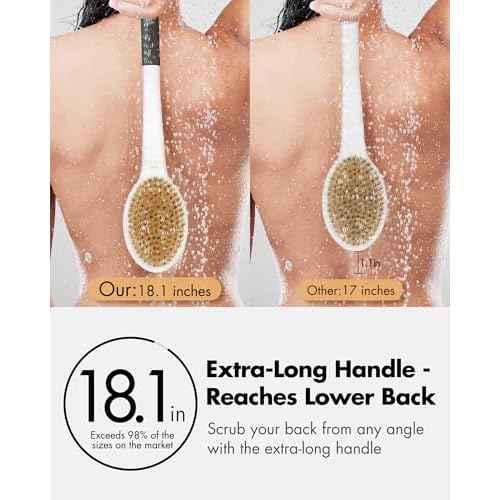 Back Scrubber Anti Slip for Shower: 18.1'' Long Handle Bath Brush with Stiff and Soft Bristles Body Exfoliator Wet or Dry Brushing for Women, Men, Elderly (Charcoal Gray)