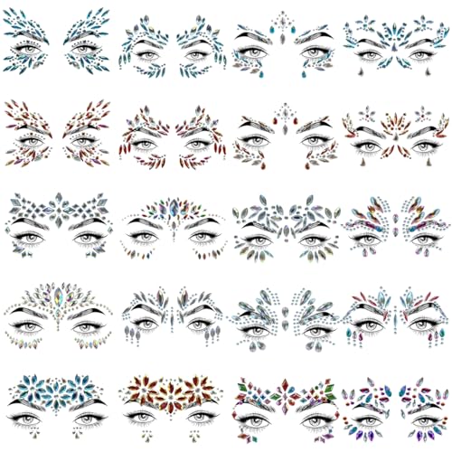 20 Sets Face Jewels - Mermaid Glitter Gems. Waterproof Temporary Tattoos for Eyes & Face. Ideal for Parties, Raves, Carnivals & Holiday Costumes - Top Rave Makeup Accessories