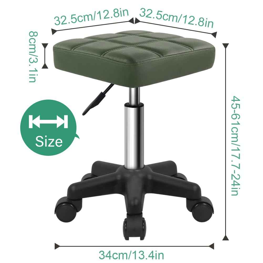 FURWOO Square Swivel Stool with Wheels PU Leather Rolling Stool Height Adjustable for Spa Salon Massage Green