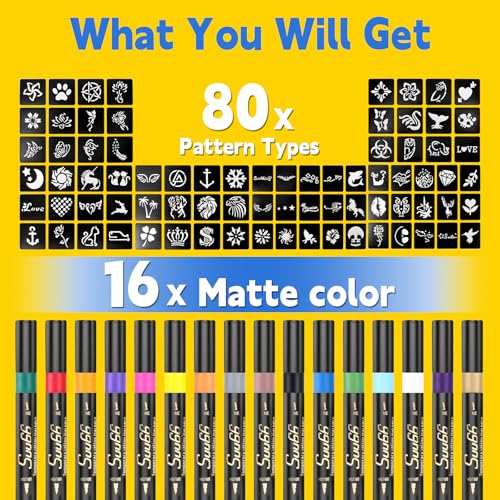 Temporary Tattoo Markers Kit - 16 Colors, 80 Stencils, Dual-End