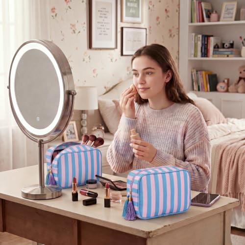 Kacctyen 6-Pack Peony Pink & Slate Blue Striped Makeup Bags with Tassels