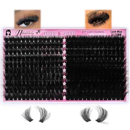 Lash Clusters 100D+200D Mega Thick Lashes Clusters 12-22mm Wispy Individual Thick Volume Lashes Cluster Eyelash Extensions 280Pcs DIY Lash Extension at Home, by Hushlibaby(Plant Fiber)