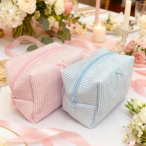 10 Pcs Cotton Quilted Makeup Bags Bulk-Easter Basket Gifts Bulk Bow Stripe Cosmetic Bags Coquette Aesthetic Makeup Pouch with Zipper Travel Portable Bag Preppy Gifts for Women (Blue 5pcs+Pink 5pcs)