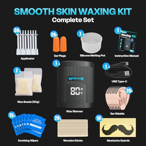 Nose Wax Kit for Eyebrow and Ear Hair | 100gWax, 50 Face Waxing Sticks | USB-C(5V/2A) Wax Warmer | Hair Removal Kit for Men & Women | 15 Pre/Post Wipes, Ear and Mustache Guards & Earplug