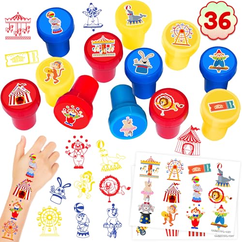 36PCS Carnival Party Favors - 24PCS Temporary Tattoos & 12PCS Stamps - Ideal Circus Clown Themed Birthday Card Decorations Supplies Goodie Bag Cute Rewards for Boys Girls Classroom Gifts Prizes