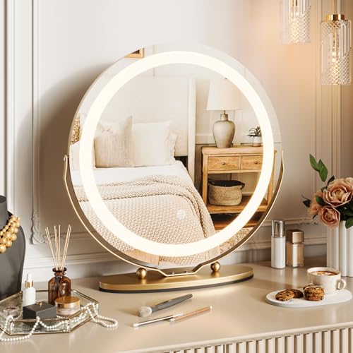 GarveeHome 19 in Vanity Mirror with Lights, Round Large LED Vanity Mirror with Smart Touch 3 Colors Dimmable, Touch Lighting, 360¡Æ Rotation for Dressing Room & Bedroom Tabletop, Easy Assembly(Gold)