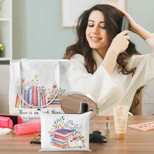 Y1tvei Aesthetic Canvas Tote Bag - 2Pcs Colorful Reading Canvas Cosmetic Bag Set There Is No Such Thing As Too Many Books Tote Bag Makeup Reusable Grocery Bags Black to School Gift for Women Girls