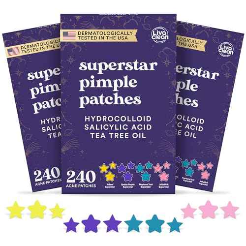 LivaClean 720 CT (3 Pack of 240) Superstar Pimple Patch for Face - Salicylic Acid & Tea Tree, Hydrocolloid Acne Patch, Pimple Patches Star Cute Zit Patches - 3 Sizes