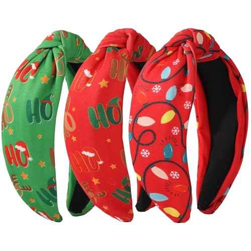3Pcs Christmas Headbands for Women ? Red & Green HOHO & Light String Knotted Hair Hoops, Winter Holiday Accessory