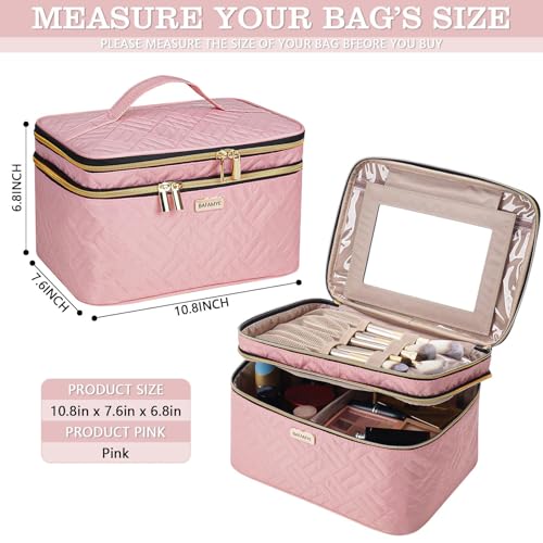 8.8L Double Layer Travel Makeup Bag With Mirror For Women, Large Cosmetic Case, Organizer for Travel-Size Accessories Bottles, Brushes,and Skin Care Products, 2.33 GAL, Pink