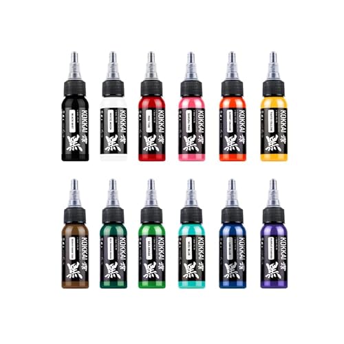Tattoo Ink, Premium Quality, Precision Medium Viscosity, Rich Hue, Quick Healing, Acrylic-Free, Water-Based, Ready-to-Use Ink for Precision Tattooing (12 Color Pack, 0.5 oz)