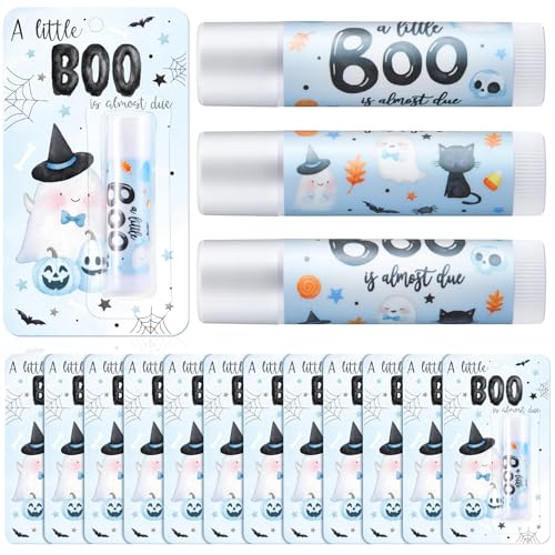 24 Pcs Halloween Baby Shower Favors a Little Boo Is Almost Due Baby Shower Gifts Girl Boy 0.15oz Lip Balms Bulk for Prizes Gender Reveal Souvenirs Gift Bags Stuffers Supplies (Blue)
