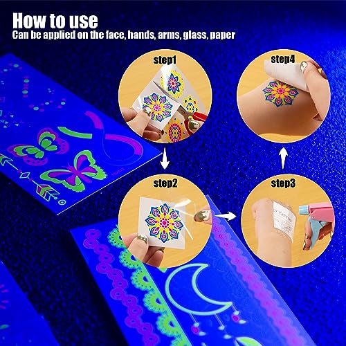 Koogel 25 Sheets Glow in Dark Temporary Tattoos, 160PCS Glow Tattoo Stickers Waterproof UV Neon Face Tattoos for Boys Girls Women Men Party Supplies