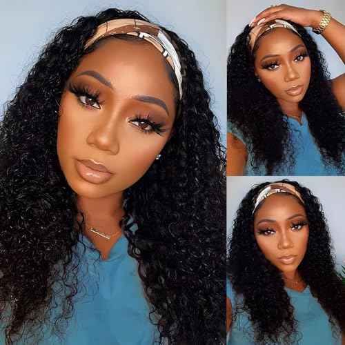 22 Inch Deep wave Headband Wig Human Hair 180% Density Curly Glueless Wigs Human Hair Wet and Wavy Headband Wigs for Women Natural Black Color
