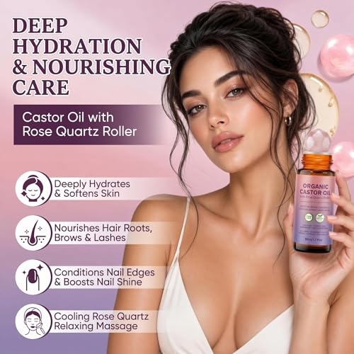 Organic Castor Oil Roll-On with Rose Quartz Roller - 1.7 fl oz