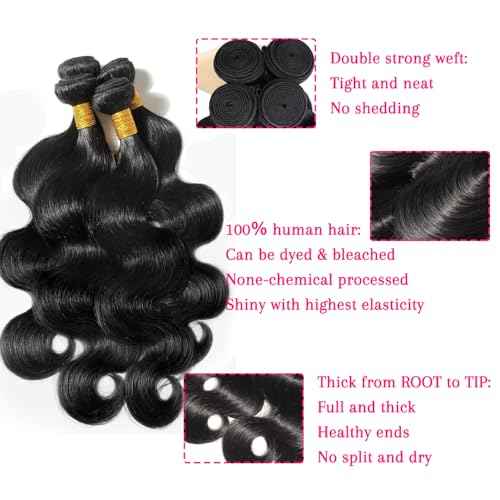 12A Human Hair Bundles Body Wave 4 Bundles Human Hair 20 22 24 26 Inch 100£¥ Unprocessed Brazilian Virgin Hair Quick Weave Wavy Human Hair Extensions for Women Natural Black