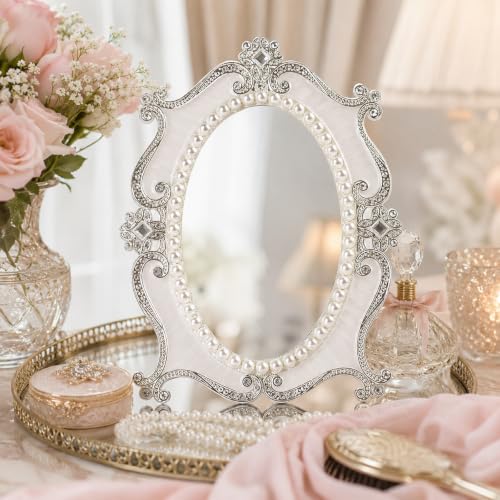 Nerien Vintage Oval Mirror with Stand, Pearl Floral Frame