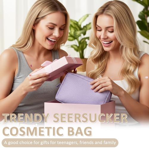 Sanwuta 3 Pcs Seersucker Cosmetic Bag Seersucker Makeup Bag Women Stripe Large Travel Toiletry Organizer Preppy Storage Pouch for Embroidery Christmas Bridesmaid Gifts(Pink, Light Blue, Purple)