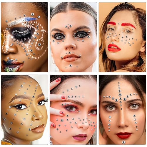 Face Gems Hair Gems, Self-Adhesive Face Jewels Eye Jewels Rhinestones 3/4/5/6/8mm DIY Face Gems Stick on, Halloween Makeup Gems Rave Accessories for Face Eyes Makeup Body, Crafts(White)