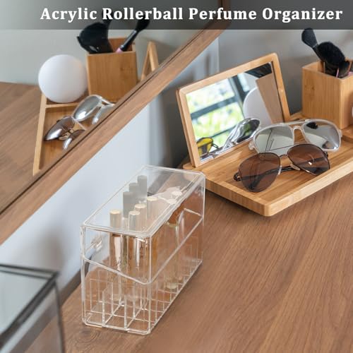 ELLDOO Rollerball Perfume Organizer, 24 Spaces Clear Acrylic Perfume Storage Holder Beauty Scent Holder, Makeup Lipgloss Lipstick Display Case with Lid