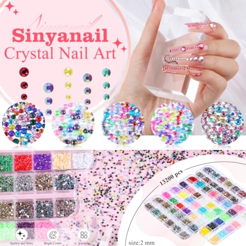 5 Boxes 2mm Flatback Nail Rhinestones Kit 13200 Pcs Colorful AB Round Transparent White Rainbow Crystal AB Gems Half Pearls with Pick Up Pen and Picker Tweezers for Craft Art and Face Makeup(2mm)