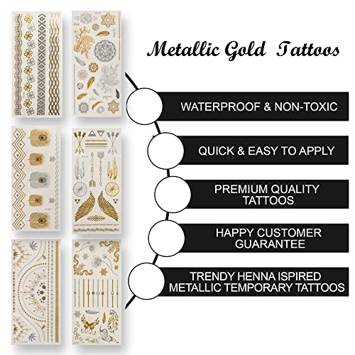 Gold Metallic Temporary Tattoos - 8 Sheets, 100+ Designs